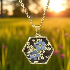 Fine Pendant Necklace with Handcrafted Baby Blue Pressed Floral Design